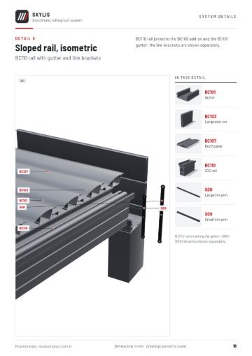 SKYLIS Bioclimatic Roof — Detail 9 – sloped rail, isometric